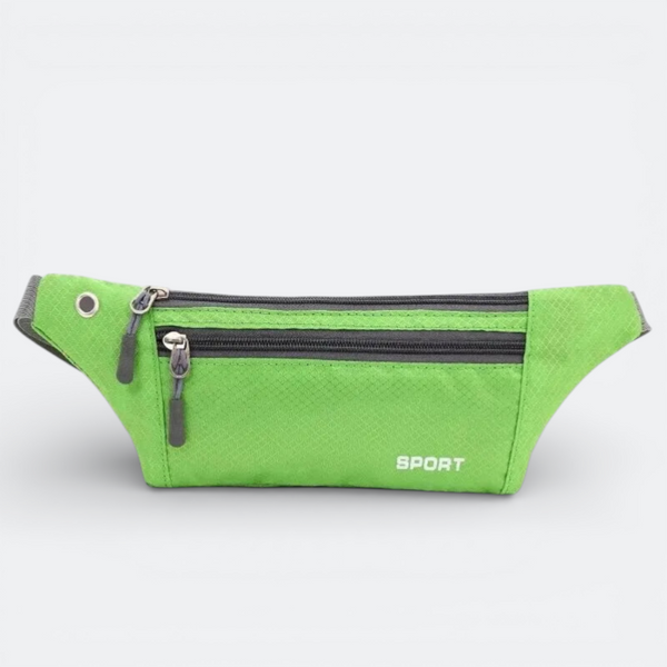 AïtaVia green travel waist bag with two zippered compartments and "SPORT" logo.
