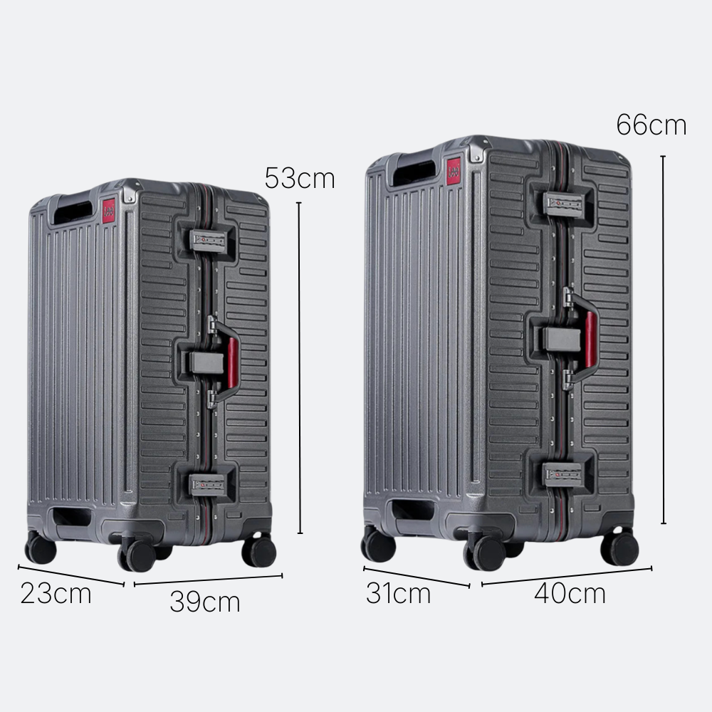 AïtaVia two grey aluminium frame suitcases, one smaller with dimensions 53x39x23cm, and one larger with dimensions 66x40x31cm. Both feature red accents and TSA locks.
