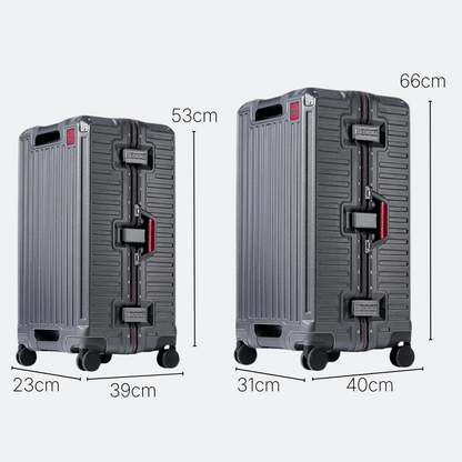 AïtaVia two grey aluminium frame suitcases, one smaller with dimensions 53x39x23cm, and one larger with dimensions 66x40x31cm. Both feature red accents and TSA locks.