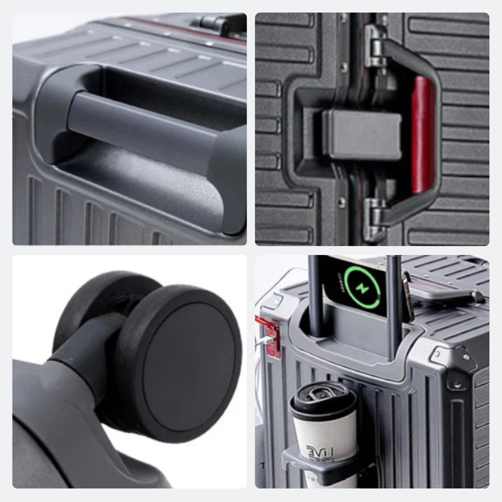 AïtaVia grey aluminium suitcase with TSA lock, retractable handle, spinner wheels, and integrated phone holder.