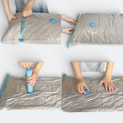 AïtaVia compression bag for clothes, grey quilted design, with blue zipper and valve, used for travel packing.