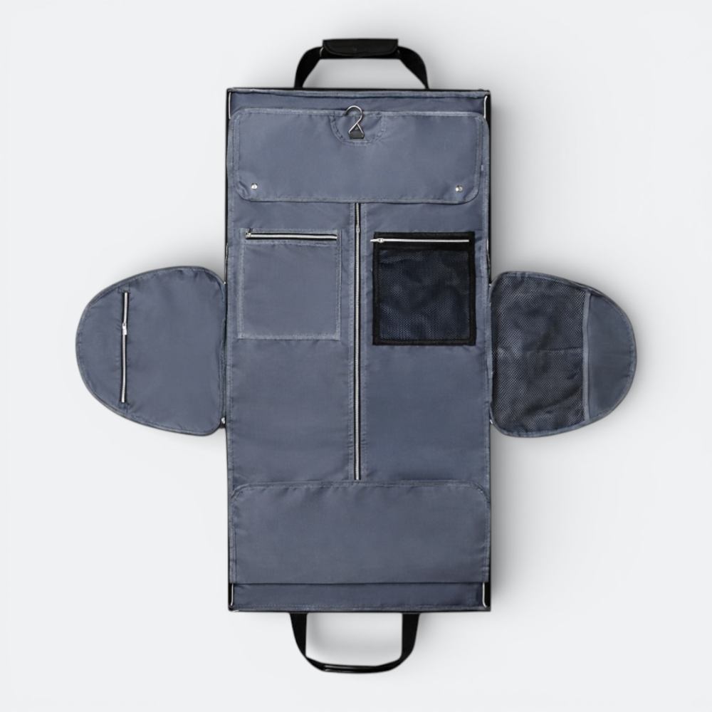 AïtaVia grey convertible garment bag with multiple zippered pockets and mesh compartments, ideal for travel.