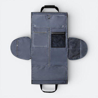 AïtaVia grey convertible garment bag with multiple zippered pockets and mesh compartments, ideal for travel.