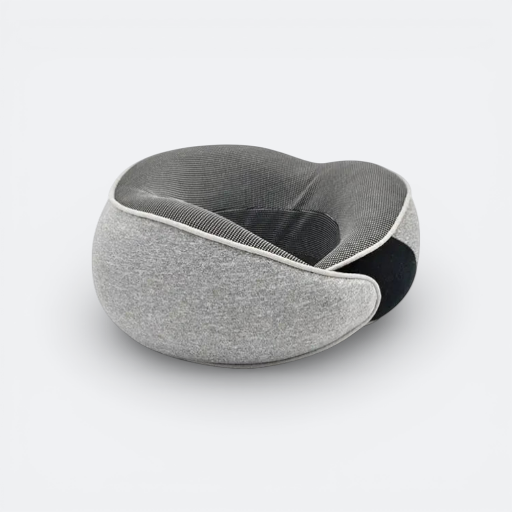AïtaVia grey ergonomic travel neck pillow with black accents and white piping, made of soft fabric for comfortable journeys.
