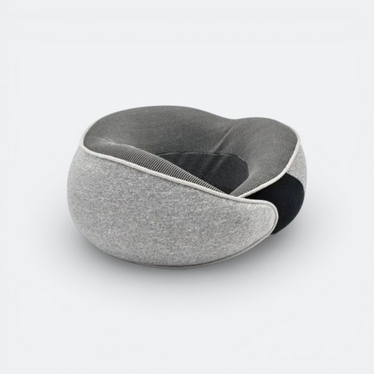 AïtaVia grey ergonomic travel neck pillow with black accents and white piping, made of soft fabric for comfortable journeys.