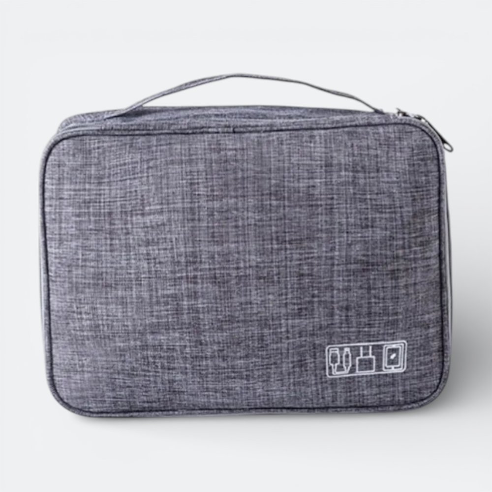 AïtaVia grey fabric travel organizer case for charging cables and accessories. Features a handle and zippered closure.