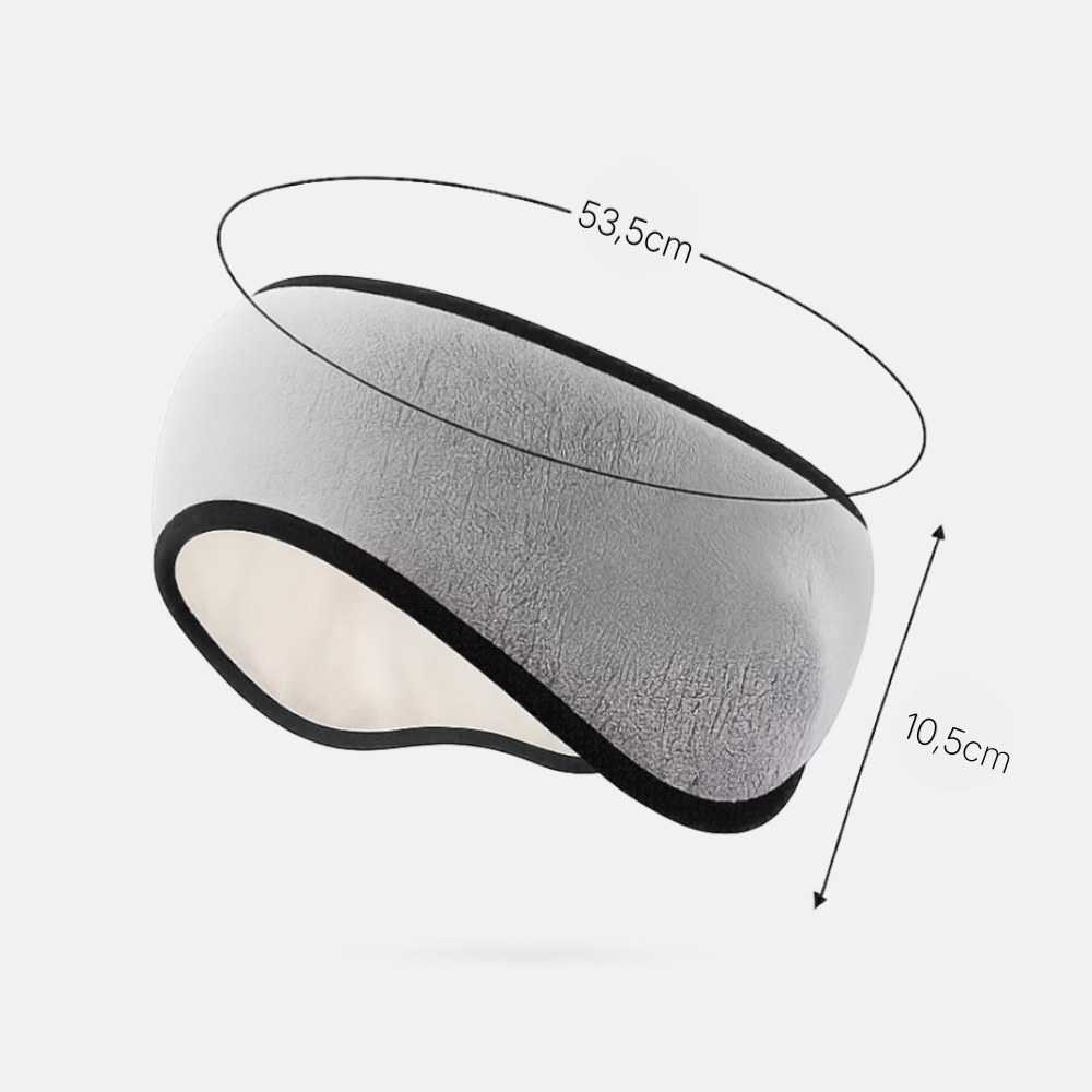 AïtaVia grey fleece sleep mask with black trim, designed for noise reduction and travel comfort.