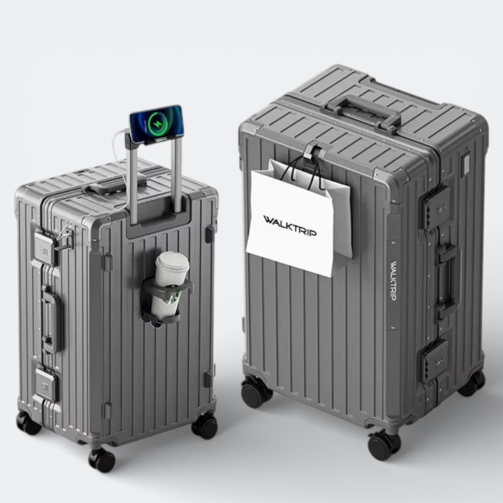 AïtaVia grey hard-shell luggage with spinner wheels, cup holder, and phone mount.