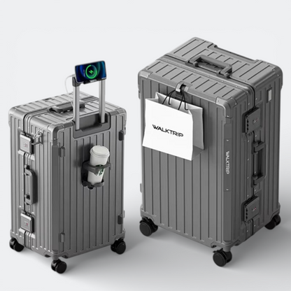 AïtaVia grey hard-shell luggage with spinner wheels, cup holder, and phone mount.