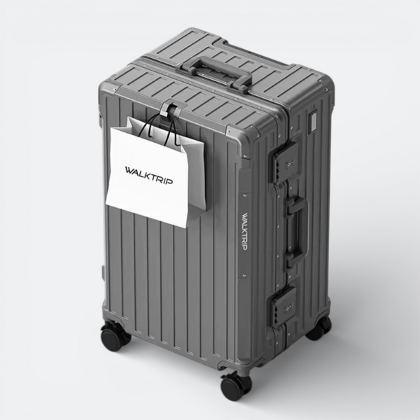 AïtaVia grey hard-shell large suitcase with spinner wheels and TSA locks, ideal for travel.