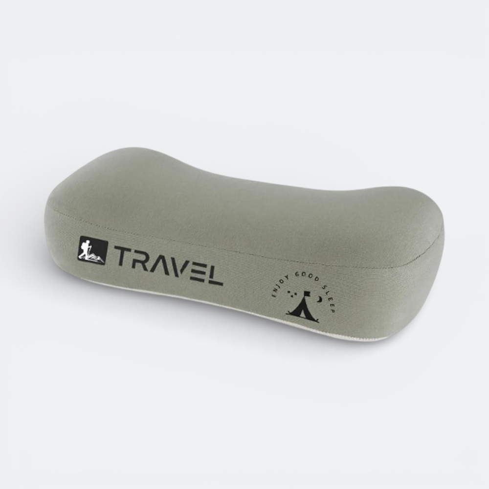 AïtaVia grey inflatable camping pillow with ergonomic design for travel and outdoor use.