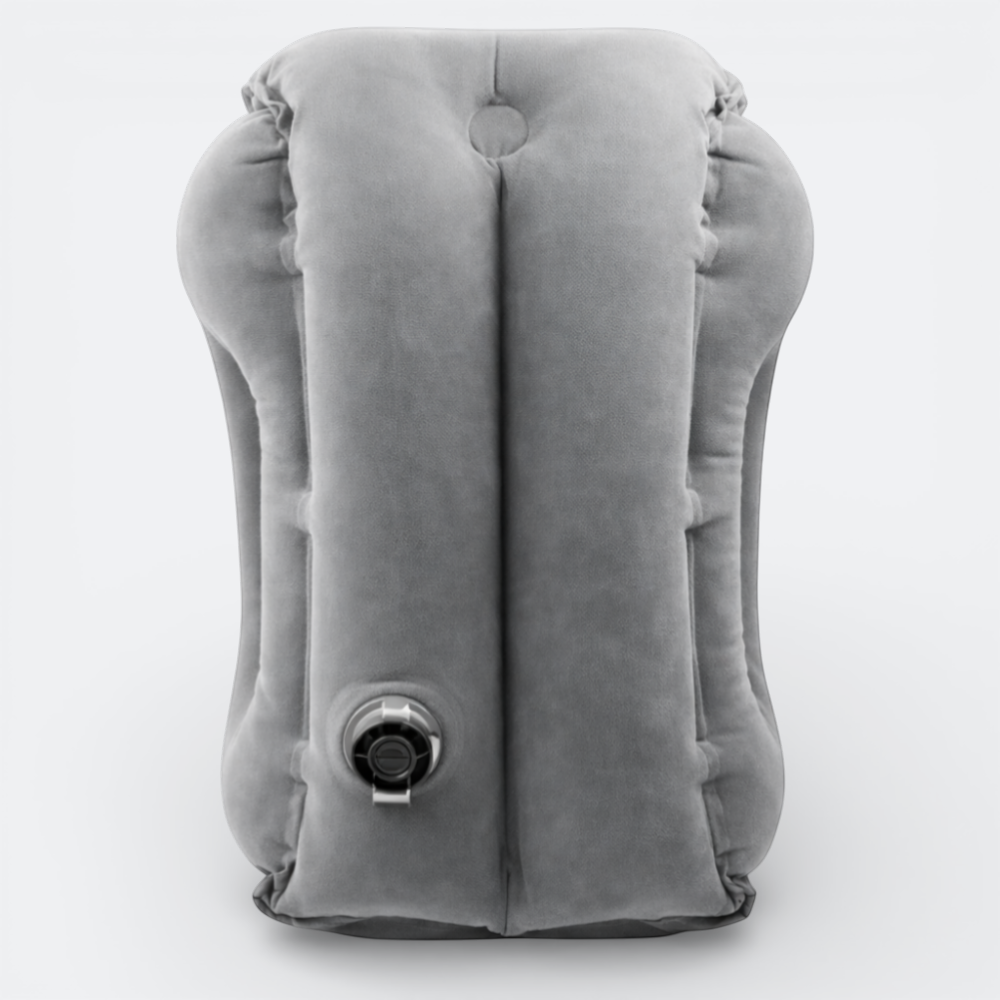 AïtaVia grey inflatable travel pillow with a soft, velvety texture and adjustable valve for comfort on the go.