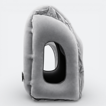 AïtaVia grey inflatable travel pillow with a unique ergonomic design for optimal neck support and comfort during journeys.