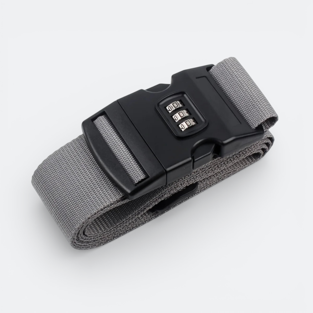 AïtaVia grey nylon luggage strap with a black combination lock for secure travel.