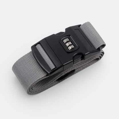 AïtaVia grey nylon luggage strap with a black combination lock for secure travel.