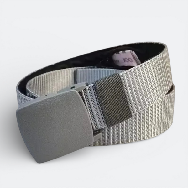 AïtaVia grey nylon travel belt with hidden money pocket and grey plastic buckle. Discreet and secure for travel.