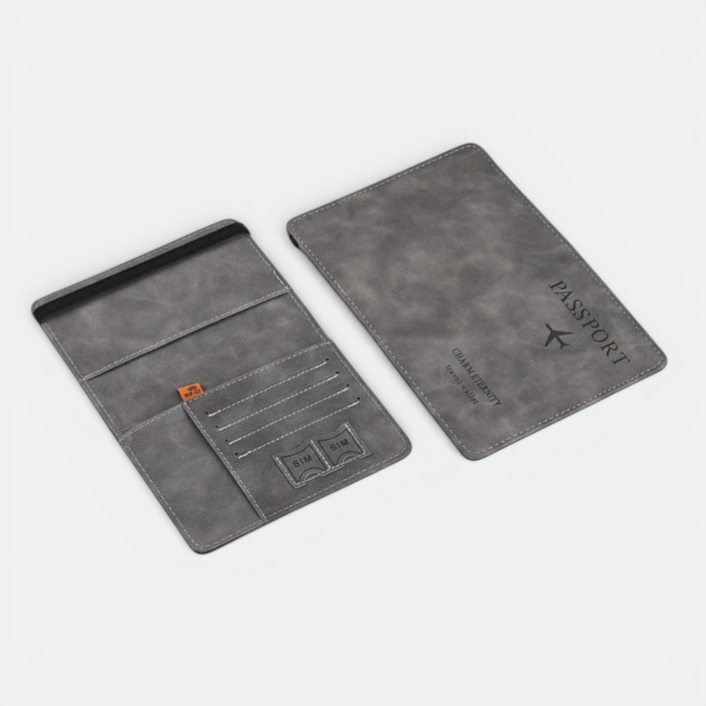 AïtaVia grey faux leather passport holder with card slots and SIM card pockets. Features an airplane logo and "PASSPORT" text.
