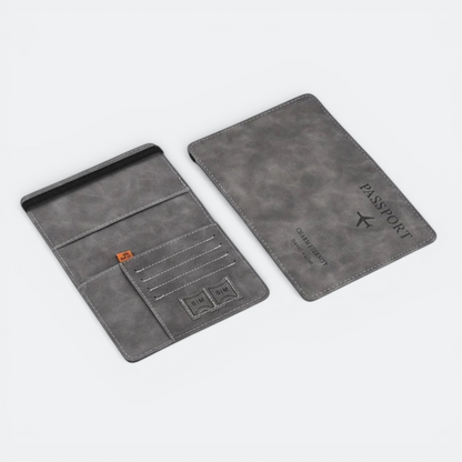 AïtaVia grey faux leather passport holder with card slots and SIM card pockets. Features an airplane logo and "PASSPORT" text.