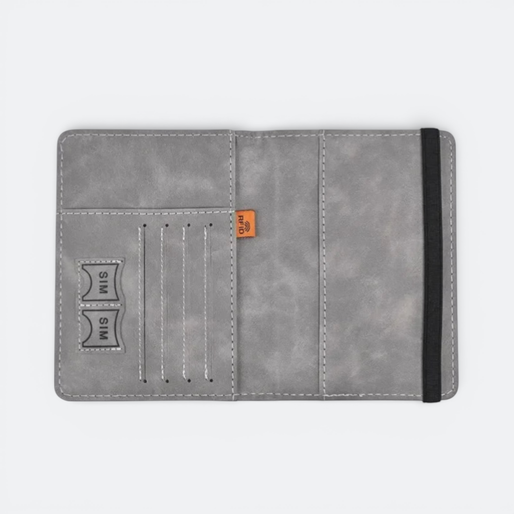 AïtaVia grey faux leather passport holder with card slots and RFID protection tag.