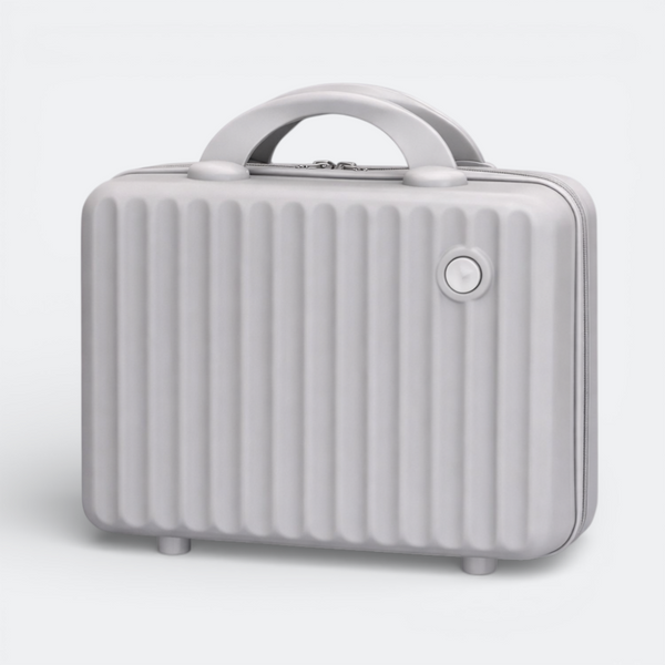 AïtaVia grey petite makeup vanity case with ribbed texture and top handle. Ideal for travel.
