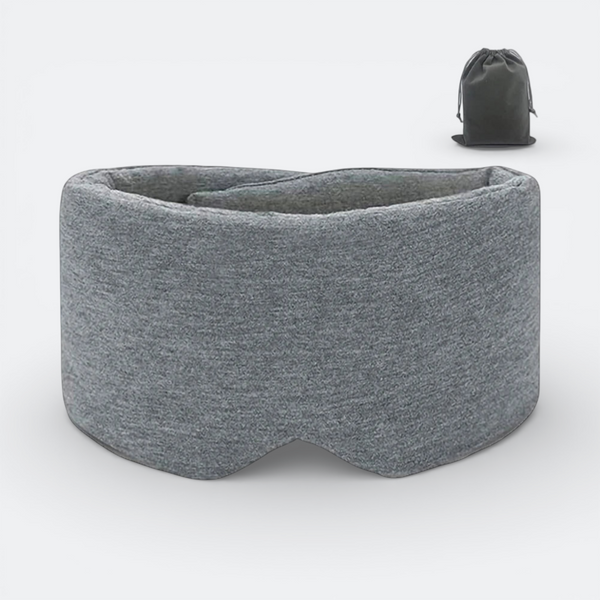 AïtaVia grey soft fabric sleep mask with contoured eye cups and a drawstring pouch