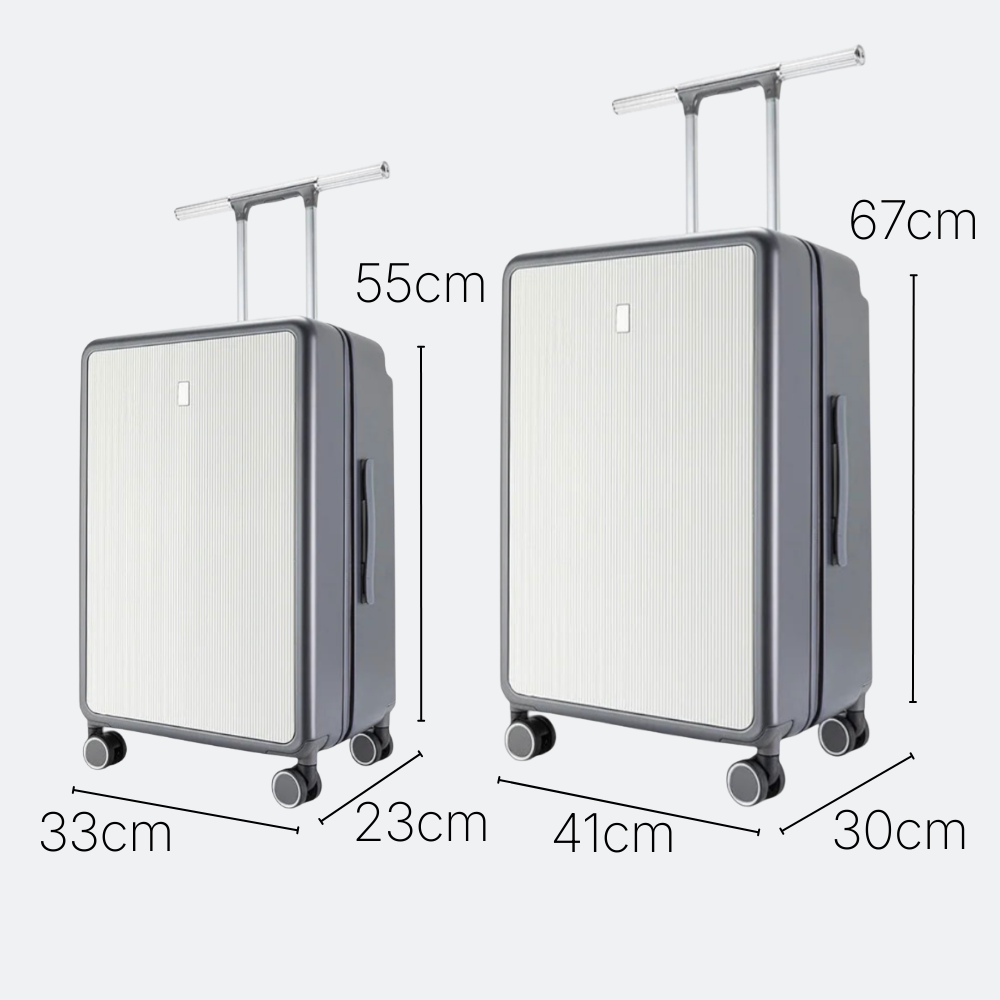 AïtaVia two grey suitcases with white ribbed fronts and telescopic handles, one 55cm and one 67cm tall.
