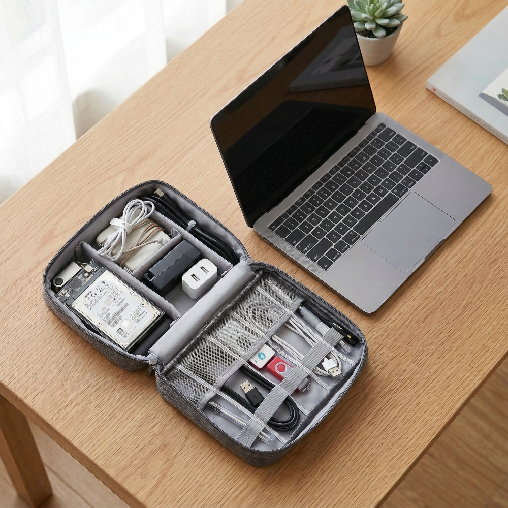 AïtaVia grey fabric travel organizer case with compartments holding cables, chargers, and a hard drive, next to an open laptop.
