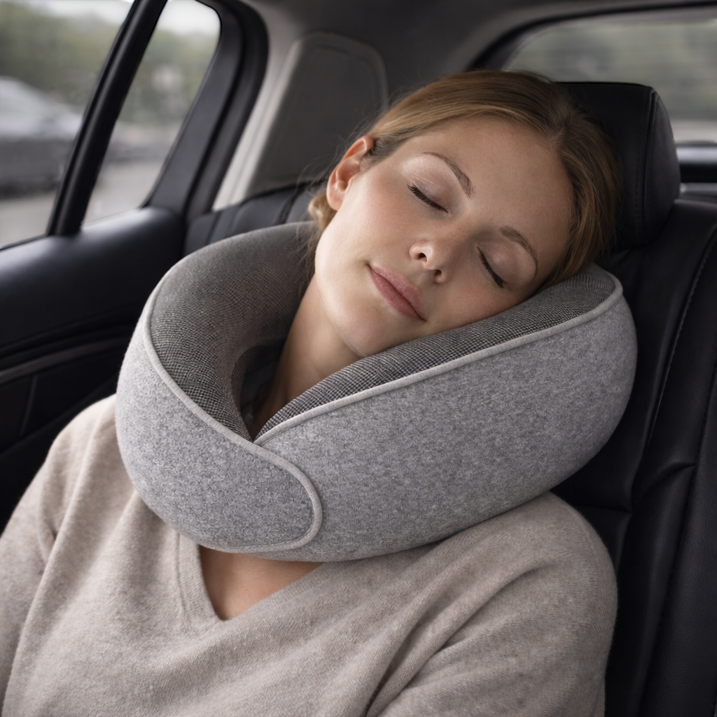 AïtaVia grey travel neck pillow with ergonomic support for comfortable car journeys.