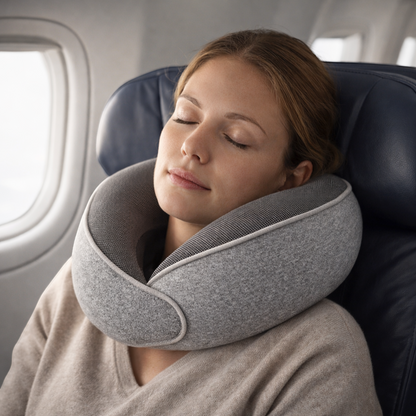 AïtaVia grey ergonomic travel neck pillow with textured fabric, supporting a woman sleeping on an airplane.