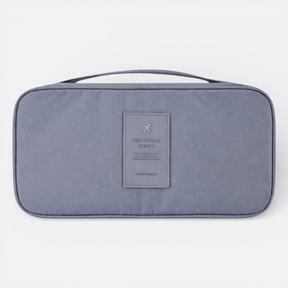 AïtaVia grey travel underwear organizer bag with a top handle and a grey patch with airplane logo and text.