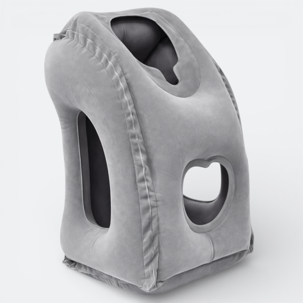 AïtaVia grey inflatable travel neck pillow with ergonomic support for planes, trains, and cars.