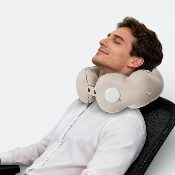 AïtaVia beige inflatable travel pillow with adjustable strap for neck support during travel.