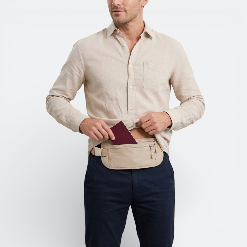 AïtaVia beige invisible travel belt with passport pocket, worn discreetly under a man's shirt.
