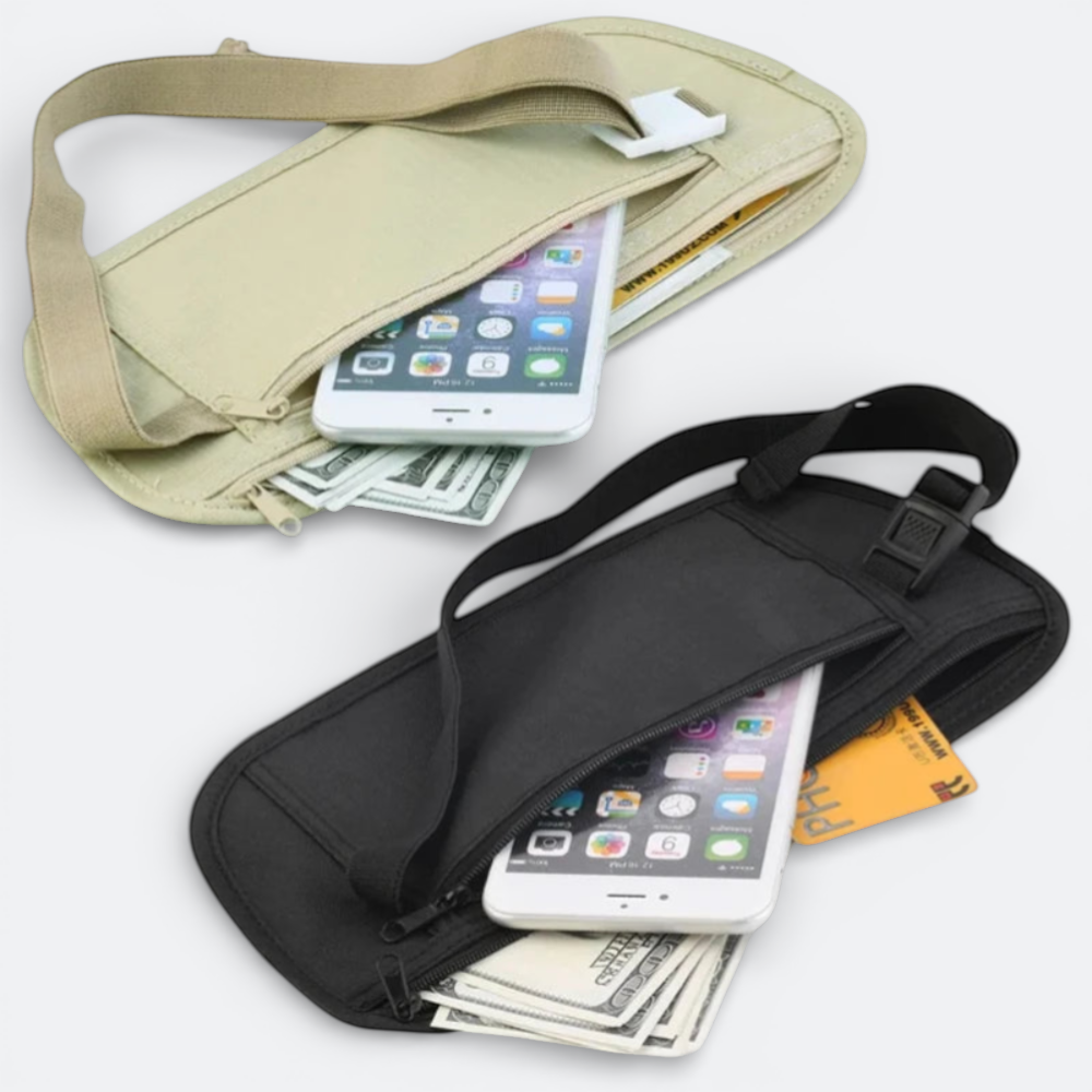 AïtaVia beige and black invisible travel money belt with hidden pockets for phone, cash, and cards.