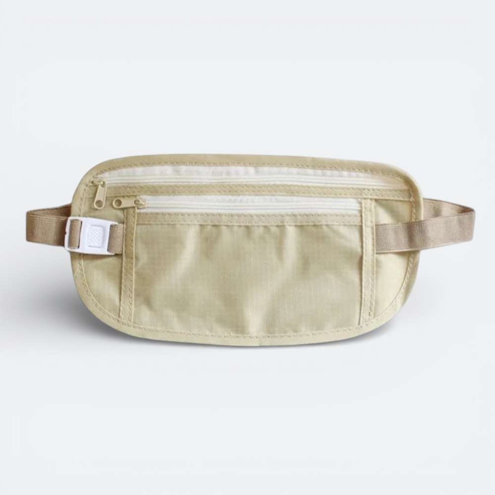 AïtaVia beige invisible travel belt with multiple zippered compartments and adjustable strap with buckle.