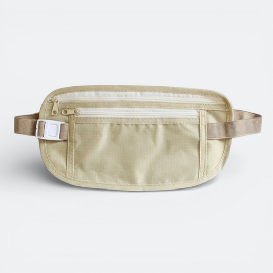 AïtaVia beige invisible travel belt with multiple zippered compartments and adjustable strap with buckle.