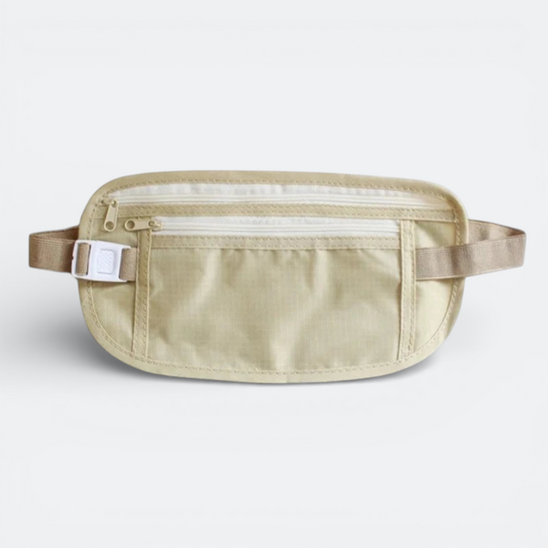 AïtaVia beige invisible travel belt with multiple zippered compartments and adjustable strap with buckle.