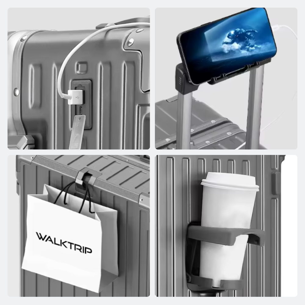 AïtaVia large grey hard-shell suitcase with USB charging port, phone holder, bag hook, and cup holder