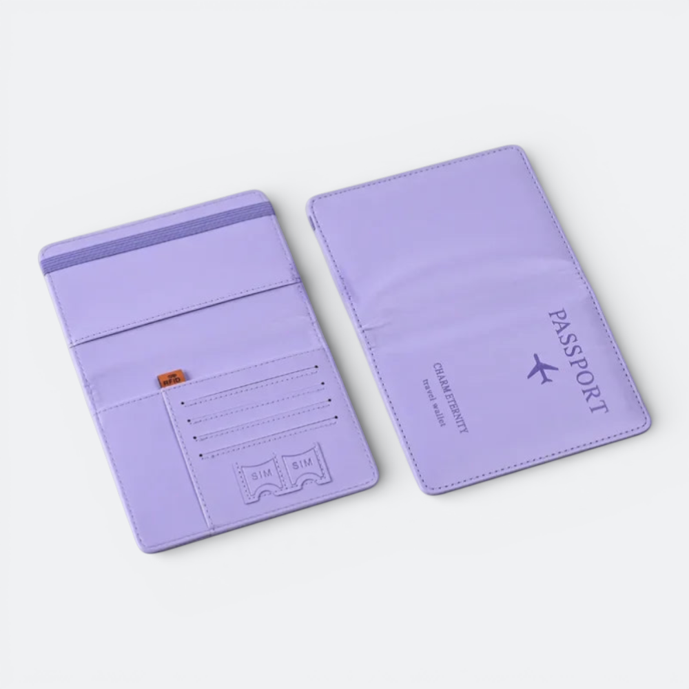 AïtaVia lavender passport holder with card slots and SIM card compartments. Features RFID protection and an airplane graphic.