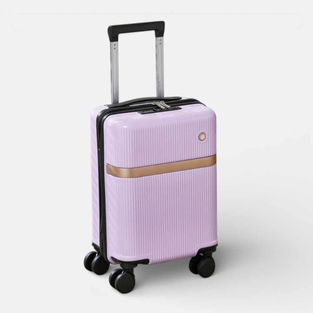 AïtaVia lavender ribbed hard-shell carry-on suitcase with rose gold accent and removable wheels.