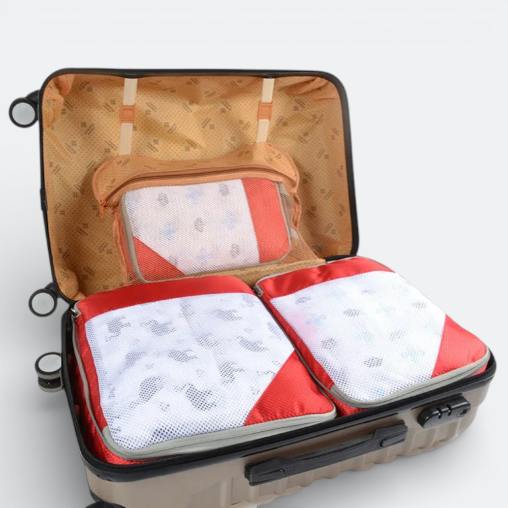 AïtaVia cabin suitcase organizers in red and white mesh, perfect for travel packing.