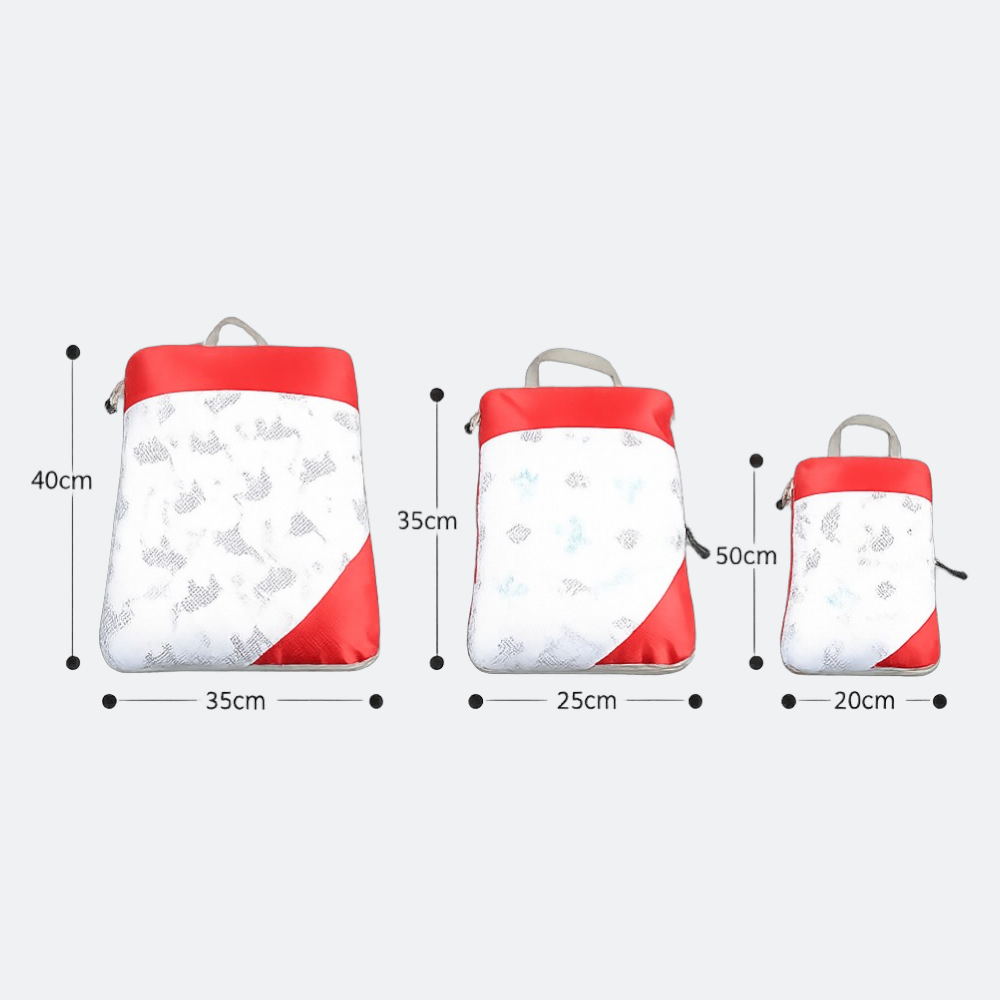 AïtaVia cabin luggage organizers in three sizes, white with red trim and a subtle grey pattern.