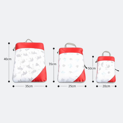 AïtaVia cabin luggage organizers in three sizes, white with red trim and a subtle grey pattern.