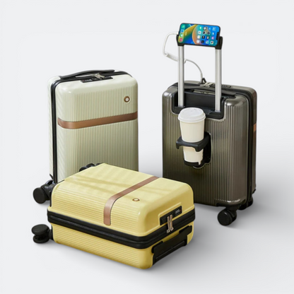 AïtaVia cream, yellow, and grey hardshell luggage with removable wheels and a phone holder.