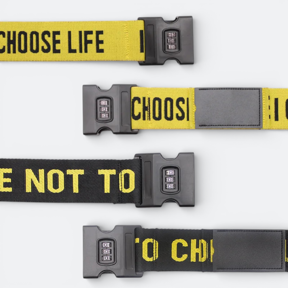 AïtaVia yellow and black luggage straps with combination locks and 'CHOOSE LIFE' text.