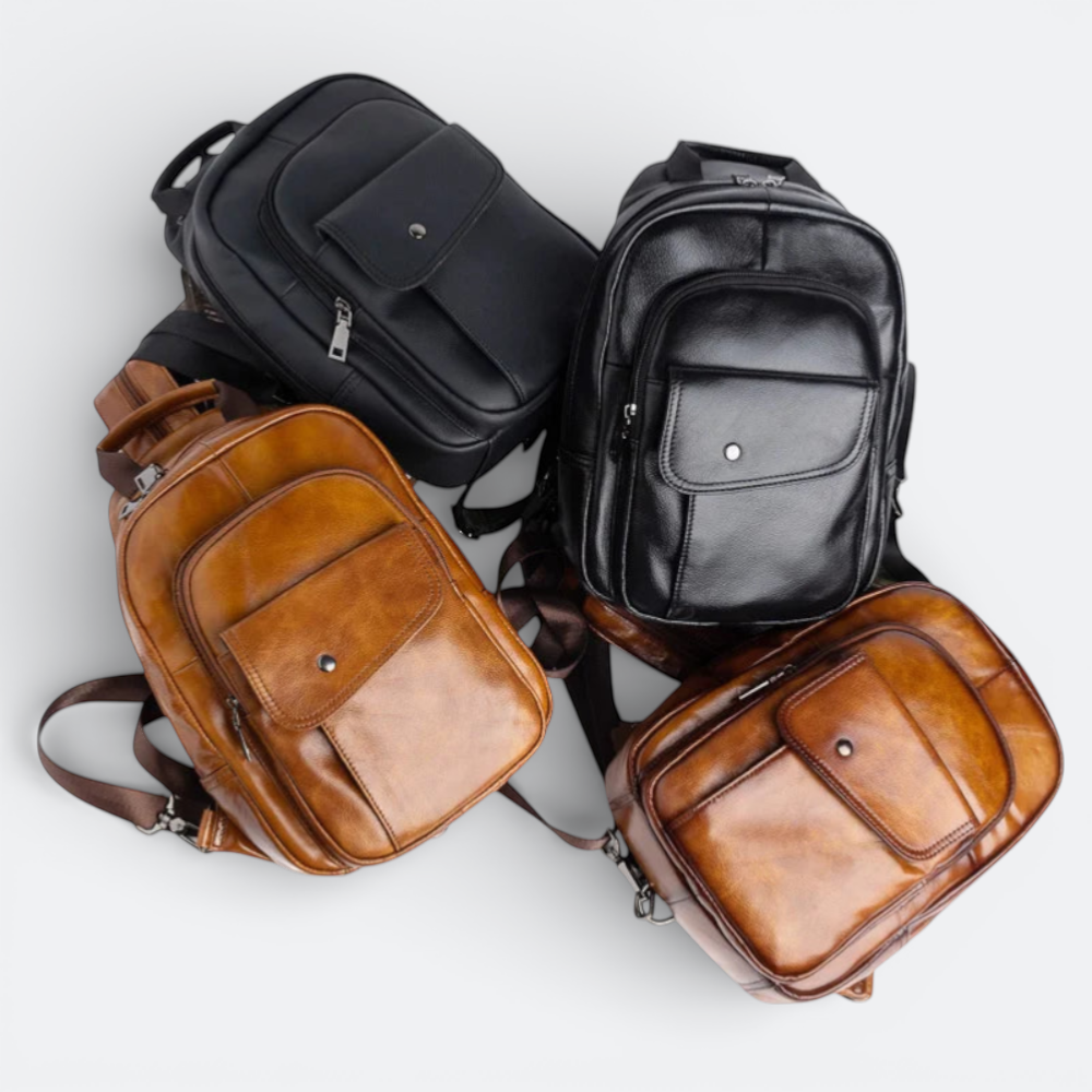 AïtaVia Men's genuine leather backpack in black and brown, featuring multiple pockets and a classic design.
