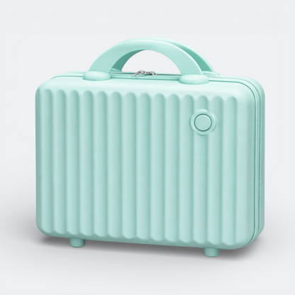 AïtaVia petite mint green makeup vanity case with ribbed texture and top handle.