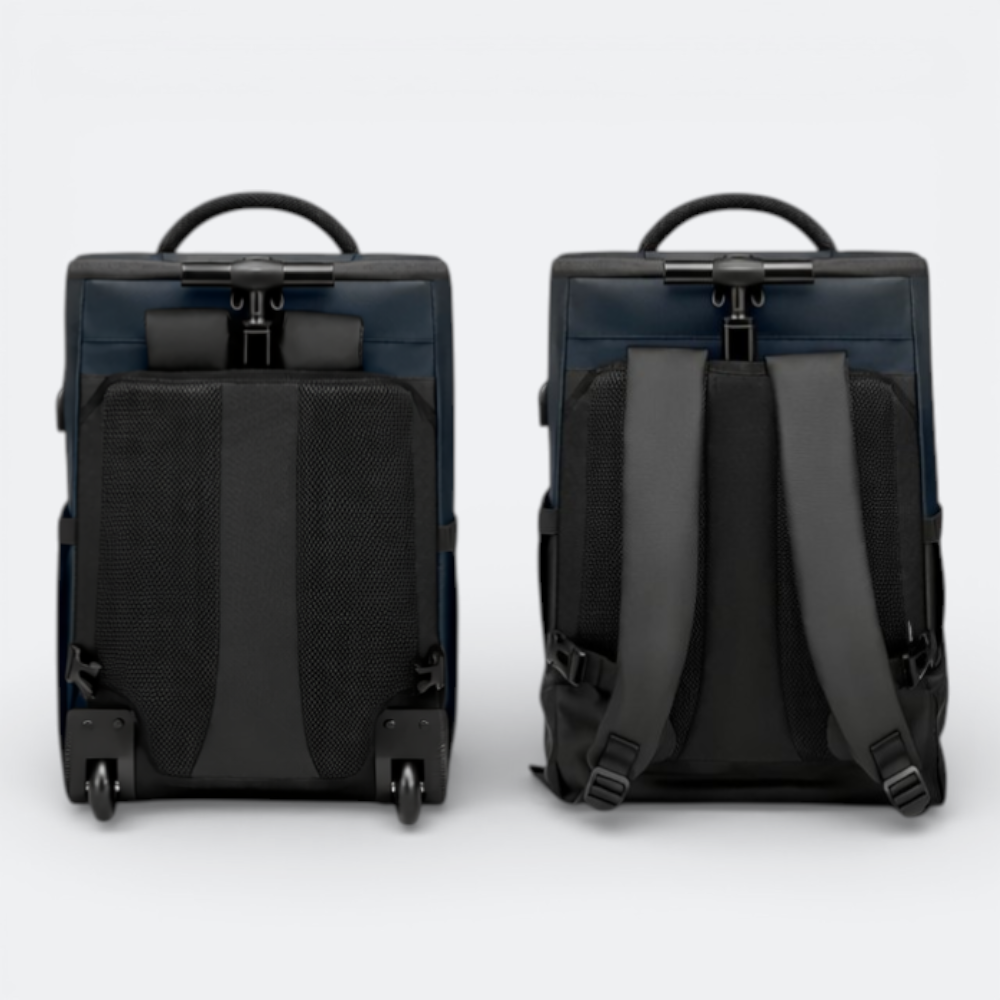 AïtaVia navy blue convertible cabin luggage backpack with wheels and shoulder straps. Features a wheel cover to keep clothes clean.