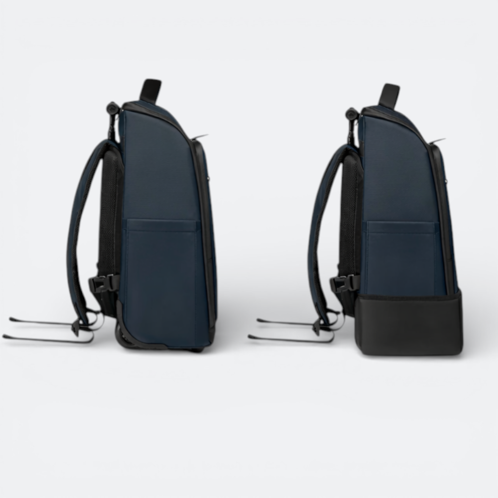 AïtaVia navy blue convertible cabin luggage backpack with wheels and padded straps.