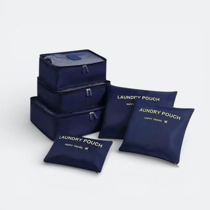 AïtaVia navy blue luggage organizer cubes and laundry pouches with zipper closures, perfect for travel.